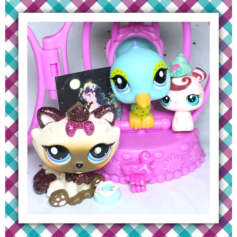 Authentic Littlest Pet Shop LPS #2143 2144 Pretty Himalayan Cat Bird Sparkle Set